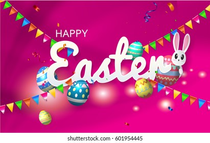 Happy Easter Typographical Background With Rabbit and confetti celebration.