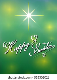 Happy Easter Typographical compositions. Hand written lettering on modern calligraphy style. Shine spring bokeh background with star.  Big copy space for text. Concept for greetings card.