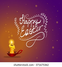 Happy Easter typographical gradient background a burning candle from which sparks fly away. Fairytale  Holiday illustration.
