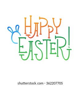 Happy Easter Typographical Greeting Card Egg and Bunny Ears. Calligraphy Background. 