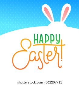 Happy Easter Typographical Greeting Card Egg and Bunny Ears. Calligraphy Background. 
