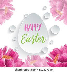 Happy Easter Typographical Greeting card on Peony Flower Background. Modern Vector illustration
