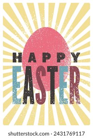 Happy Easter. Typographical grunge Easter greeting card with big red egg. Retro vector illustration.