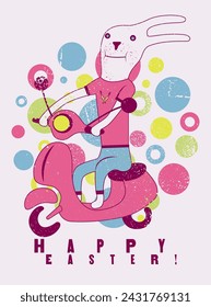 Happy Easter! Typographical grunge Easter greeting card with funny cartoon  rabbit on scooter. Retro vector illustration.