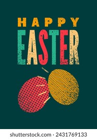 Happy Easter. Typographical grunge Easter greeting card with stylized ornamental beating eggs. Retro vector illustration.