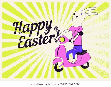 Happy Easter! Typographical grunge Easter greeting card with funny cartoon  rabbit on scooter. Retro vector illustration.
