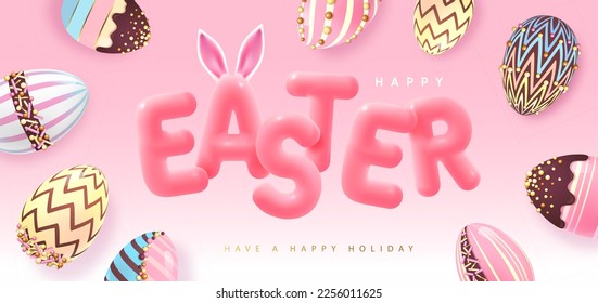 Happy Easter typography background with colorful chocolate easter eggs and 3D text. Greeting card or poster. Vector illustration