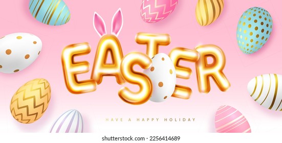 Happy Easter typography background with colorful easter eggs and 3D text. Greeting card or poster. Vector illustration