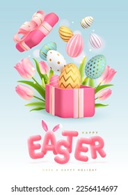 Happy Easter typography background with colorful easter eggs, open gift box and 3D text. Greeting card or poster. Vector illustration