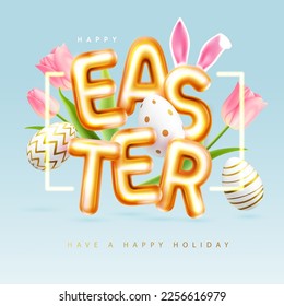 Happy Easter typography background with colorful easter eggs, tulips and 3D text. Greeting card or poster. Vector illustration