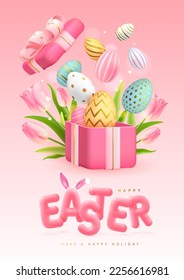 Happy Easter typography background with colorful easter eggs, open gift box and 3D text. Greeting card or poster. Vector illustration