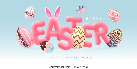 Happy Easter typography background with colorful chocolate easter eggs and 3D text. Greeting card or poster. Vector illustration