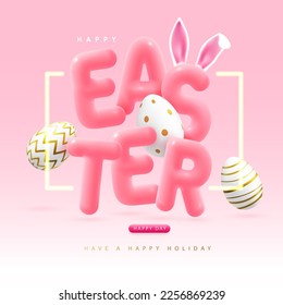 Happy Easter typography background with colorful easter eggs and 3D text. Greeting card or poster. Vector illustration