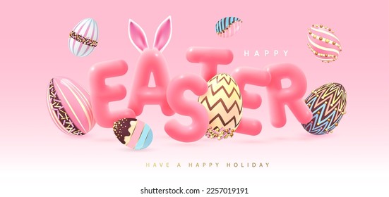 Happy Easter typography background with colorful chocolate easter eggs and 3D text. Greeting card or poster. Vector illustration