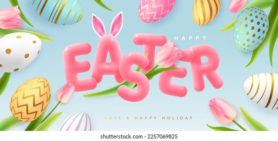 Happy Easter typography background with colorful easter eggs, tulips and 3D text. Greeting card or poster. Vector illustration