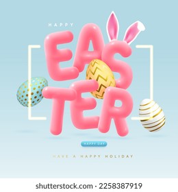 Happy Easter typography background with colorful easter eggs and 3D text. Greeting card or poster. Vector illustration