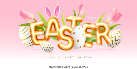 Happy Easter typography background with colorful easter eggs, tulips and 3D text. Greeting card or poster. Vector illustration