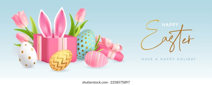 Happy Easter typography background with colorful easter eggs, open gift box and rabbit ears. Greeting card or poster. Vector illustration