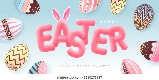 Felices antecedentes tipográficos de Pascua con coloridos huevos de pascua de chocolate y texto 3D. Tarjeta de saludo o afiche. Ilustración del vector
