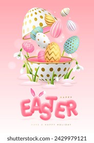 Fondo de tipografía de Pascua feliz con coloridos huevos de Pascua, huevo abierto y texto en 3D. Tarjeta de felicitación o póster. Ilustración de vector