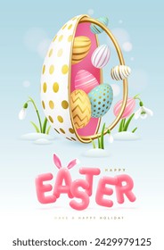 Happy Easter typography background with colorful easter eggs, open egg and 3D text. Greeting card or poster. Vector illustration