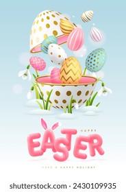 Happy Easter typography background with colorful easter eggs, open egg and 3D text. Greeting card or poster. Vector illustration