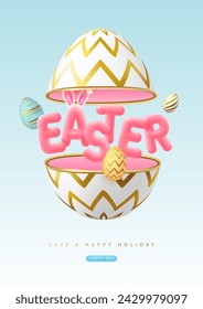 Happy Easter typography background with cut out egg, colorful easter eggs and 3D text. Greeting card or poster. Vector illustration