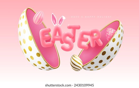 Fondo de tipografía de Pascua feliz con huevo recortado, huevos de Pascua coloridos y texto 3D. Tarjeta de felicitación o póster. Ilustración de vector