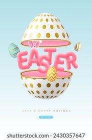 Happy Easter typography background with cut out egg, colorful easter eggs and 3D text. Greeting card or poster. Vector illustration