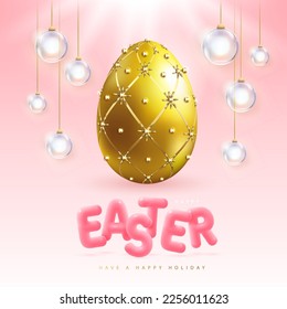 Happy Easter typography background with Faberge egg and 3D text. Greeting card or poster. Vector illustration