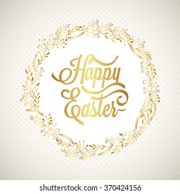 Happy Easter Typography Background with gold wreath and calligraphy greeting.