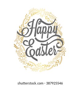 Happy Easter Typography Background with gold wreath and calligraphy greeting.