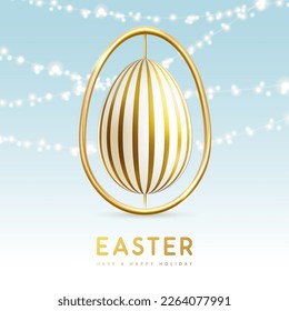 Happy Easter typography background with golden easter egg and string of lights. Greeting card or poster. Vector illustration