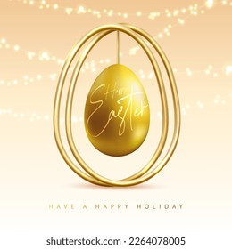 Happy Easter typography background with golden easter egg and string of lights. Greeting card or poster. Vector illustration