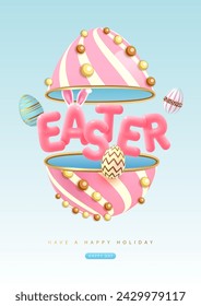 Happy Easter typography background with open sweet egg, colorful easter eggs and 3D text. Greeting card or poster. Vector illustration