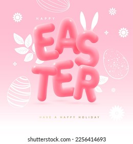 Happy Easter typography background with simple easter eggs, flowers and 3D text. Greeting card or poster. Vector illustration