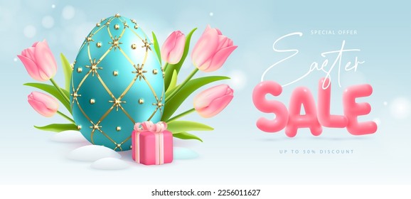 Happy Easter typography big sale poster with Faberge egg, gift box and pink tulips. Greeting card or poster. Vector illustration