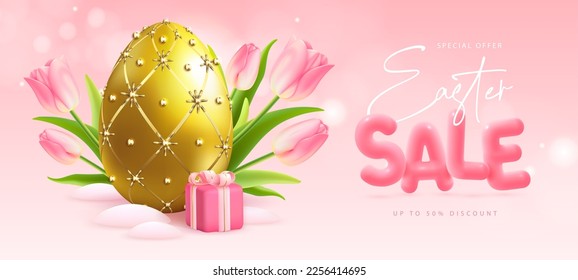 Poster de la gran venta de la tipografía de Pascua feliz con huevo Faberge, caja de regalo y tulipanes rosados. Tarjeta de saludo o afiche. Ilustración del vector