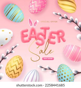 Happy Easter typography big sale aster con coloridos huevos de Pascua y rama de sauce. Tarjeta de saludo o afiche. Ilustración del vector