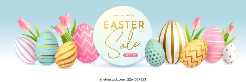 Happy Easter typography big sale poster with colorful easter eggs and spring tulips. Greeting card or poster. Vector illustration