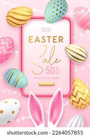 Happy Easter typography big sale poster with colorful easter eggs and rabbit ears. Greeting card or poster. Vector illustration