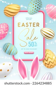 Happy Easter typography big sale poster with colorful easter eggs and rabbit ears. Greeting card or poster. Vector illustration