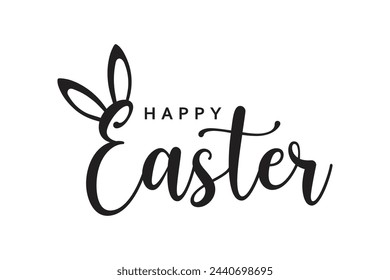 Happy Easter typography with bunny ears on white background. Hand written lettering for Easter banner. Vector illustration