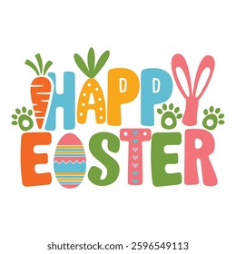Happy Easter Typography with Bunny Ears and Carrot Illustration