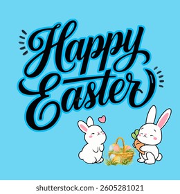 Happy Easter typography calligraphy with Hand-drawing rabbits on Blue background, Vector illustration.