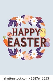 Happy Easter Typography Easter Chick Flower Graphic Vector Art