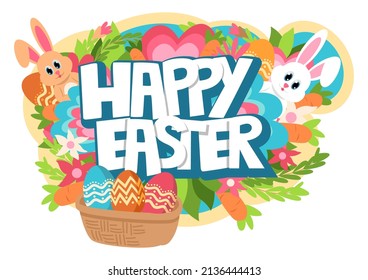 Happy Easter typography with colorful decorative ornament, vector illustration