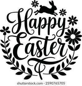 Happy Easter Typography with Cute Bunny and Flowers