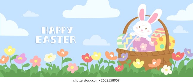 "Happy Easter" typography with cute white rabbit and Easter egg basket is on the flowers garden with sky and cloud banner. Lovely Easter day poster for egg hunt. Spring festival celebration.