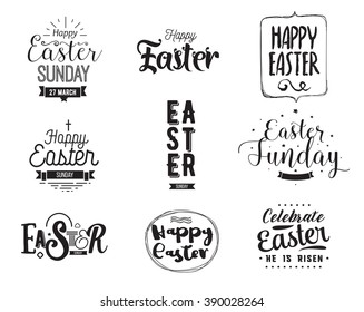 Happy Easter typography design set. Isolated compositions on white background. Calligraphy, lettering and hand drawn elements. Usable for posters, cards any print.